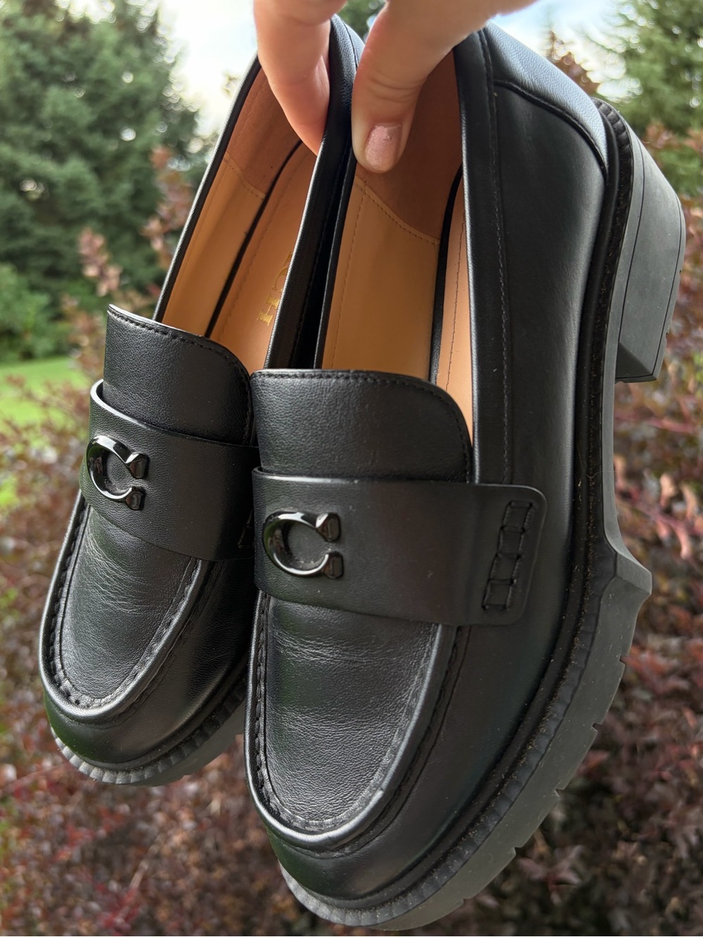 Coach Leah platform loafers black leather chunky lug sole shoes size 7